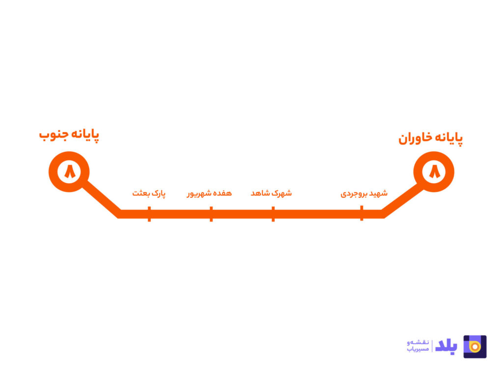 خط هشت اتوبوس تندرو بی آر تی تهران 1401 (پایانه جنوب تا پایانه خاوران) در نقشه خطوط بی آرتی تهران